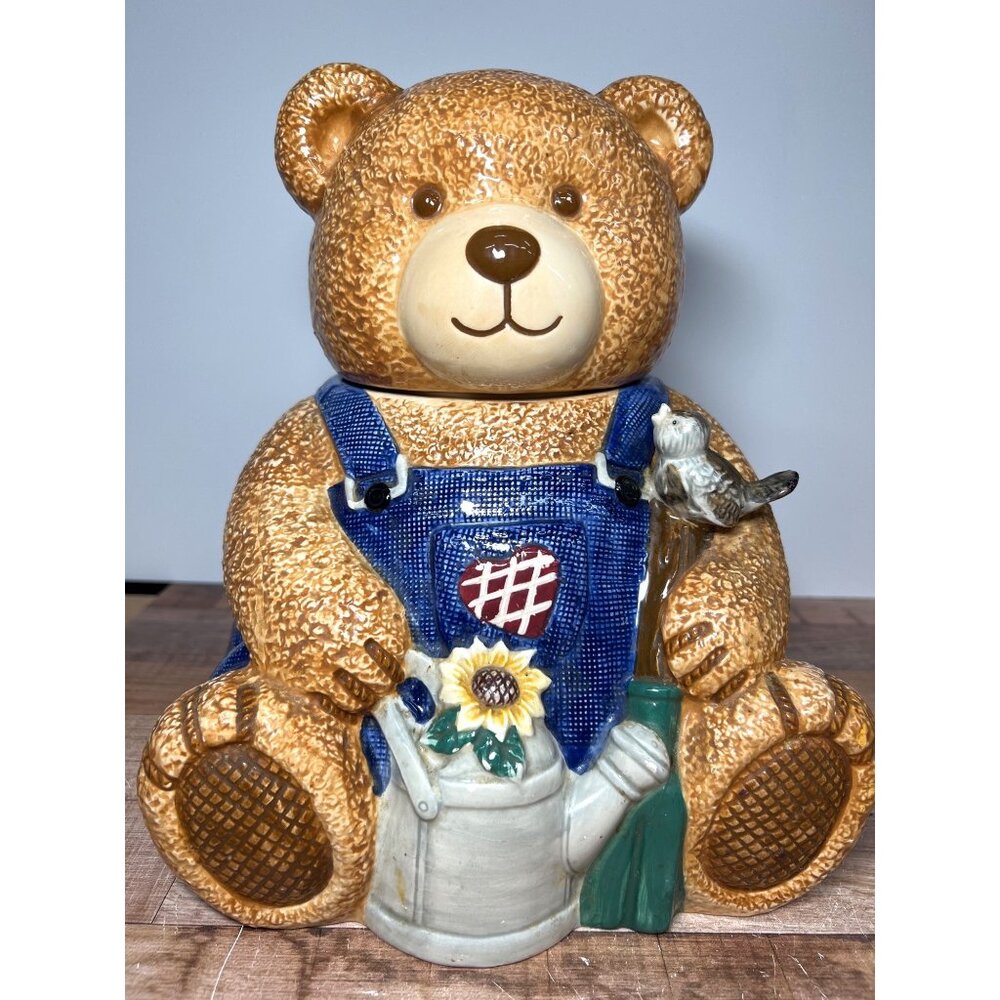 Ceramic Bear Cookie Jar With Blue Overalls & Watering Can